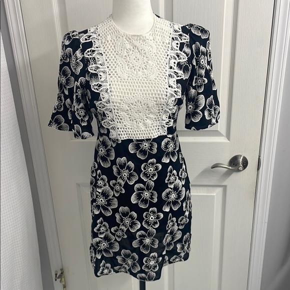 Zara Black and Cream Floral Dress with Crochet details on front - Picture 2 of 12